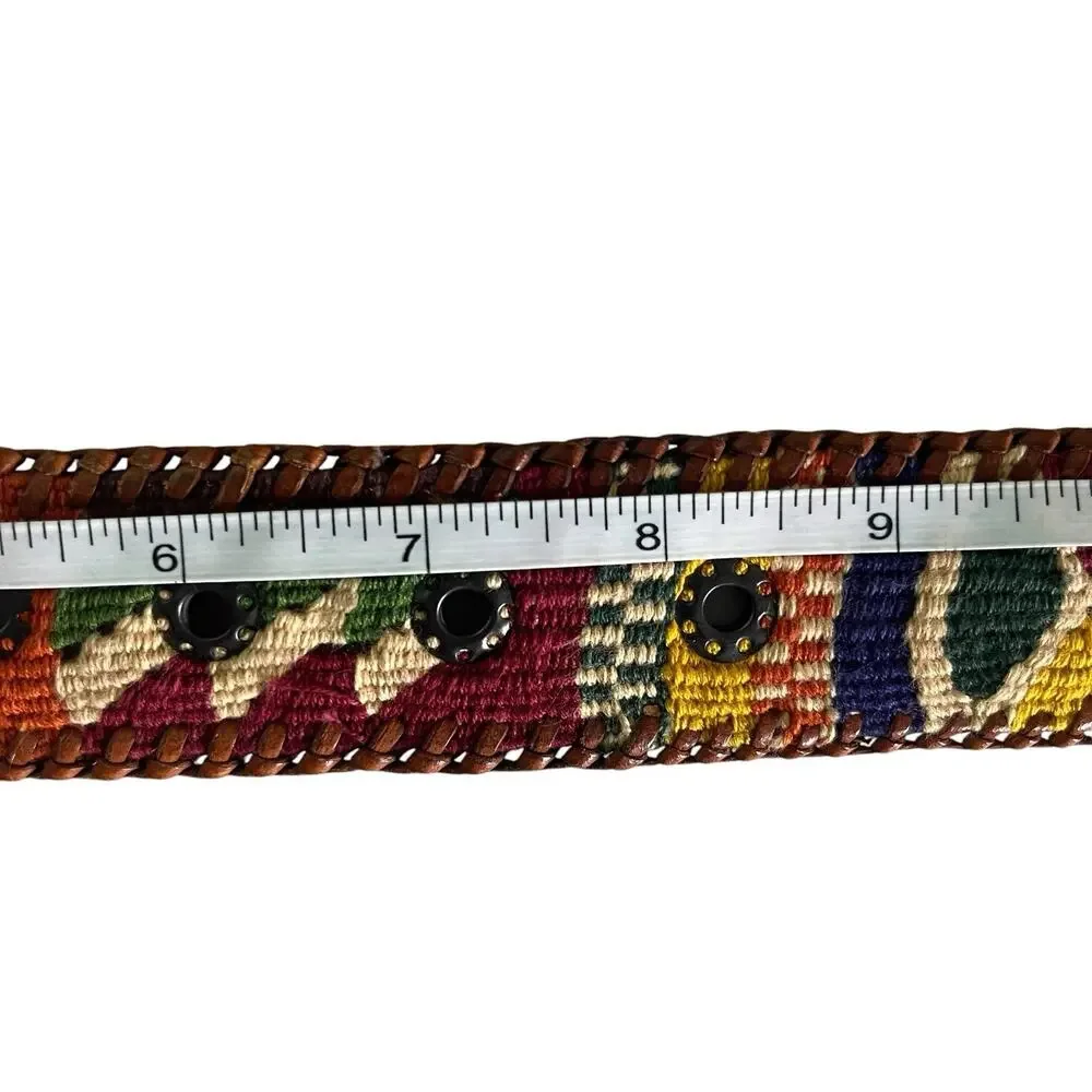 Handmade Leather Mayan Woven Textile Belt Unisex 42 Artisan Whipstitch Boho